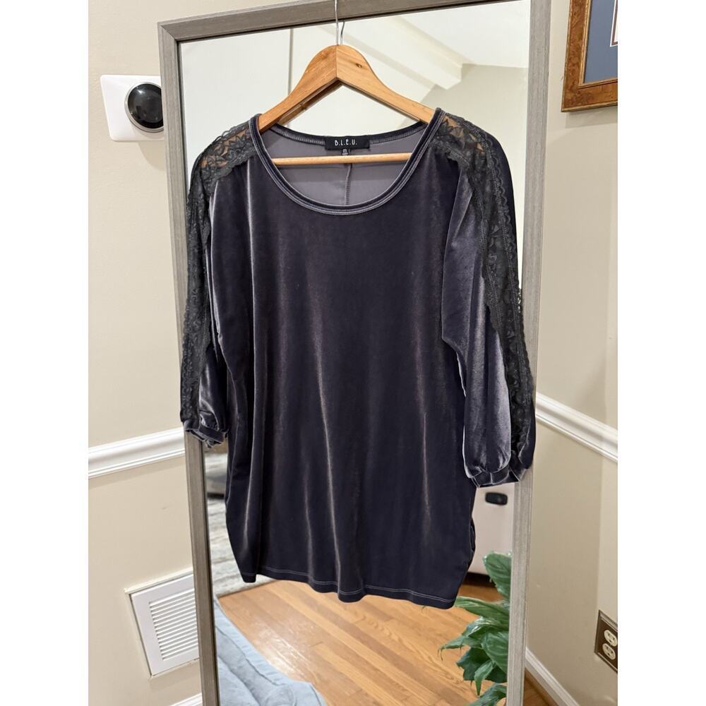 BLEU Gray Velvet Velour Lace Trim Blouse Top Medium